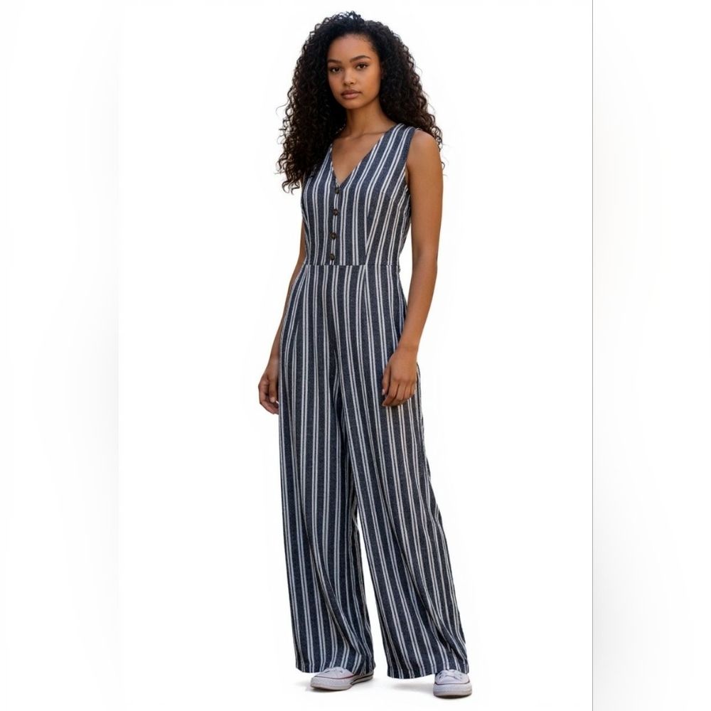 Who What Wear‎ Womens Gray  & White Striped Jumpsuit SZ LG Linen Blend Lagenlook